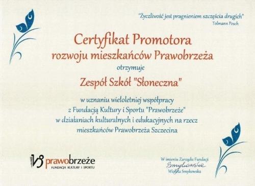 Certyfikat Promotora rozwoju mieszkańców Prawobrzeża.