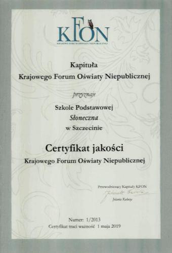 Certyfikat Jakości Krajowego Forum Oświaty Niepublicznej